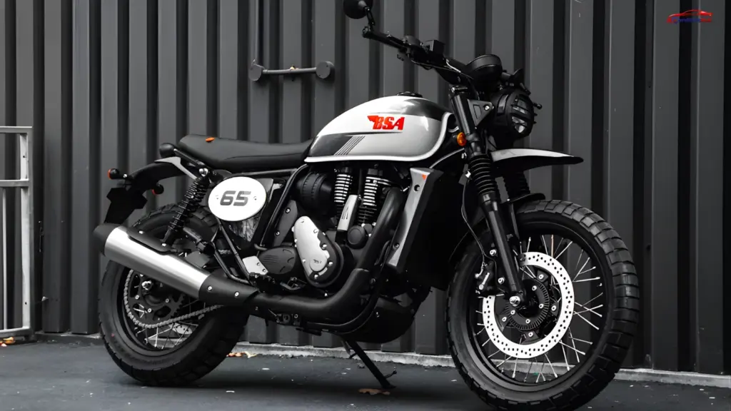 BSA Scrambler 650 retro motorcycle in black on open road