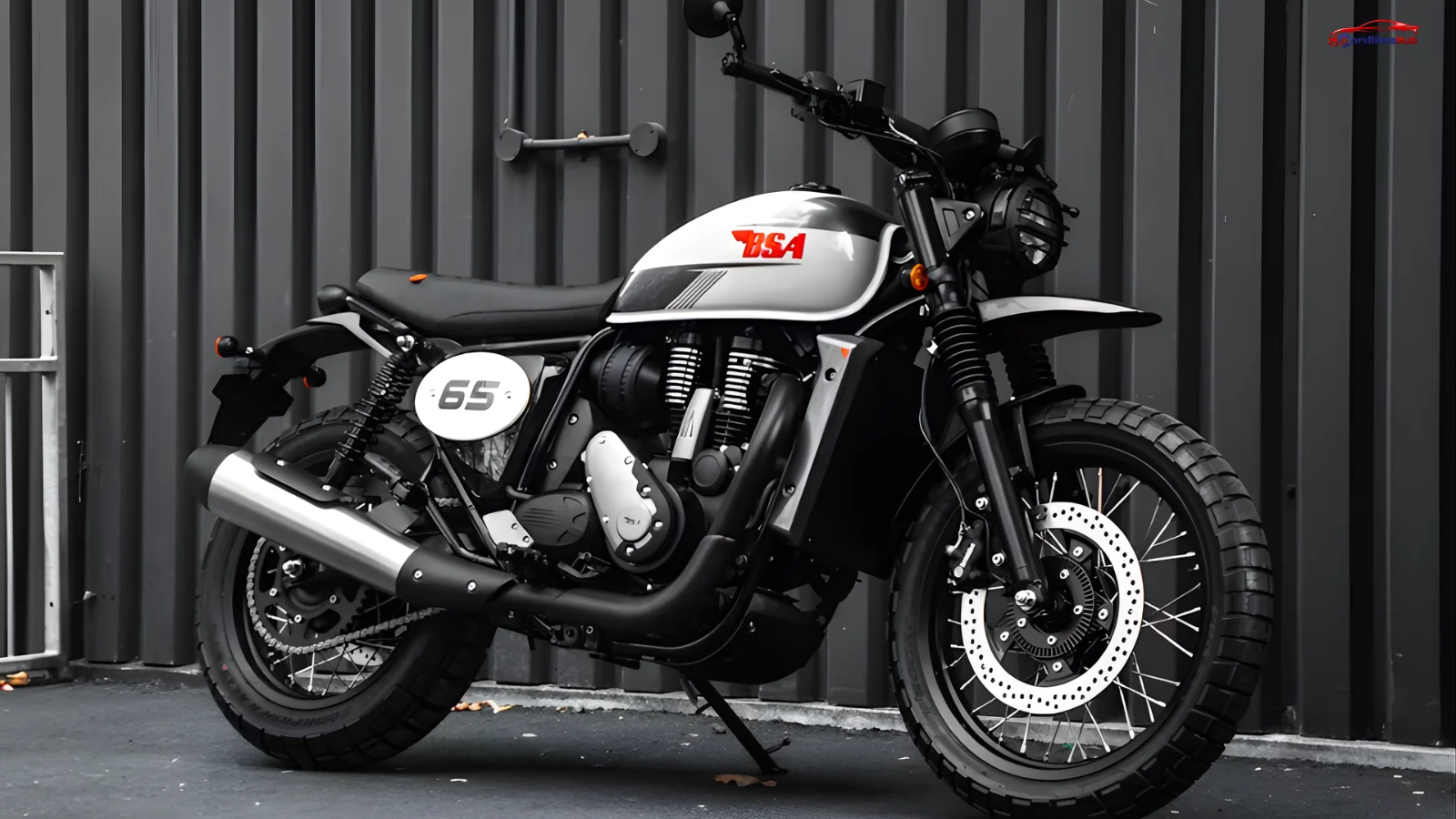BSA Scrambler 650 retro motorcycle in black on open road