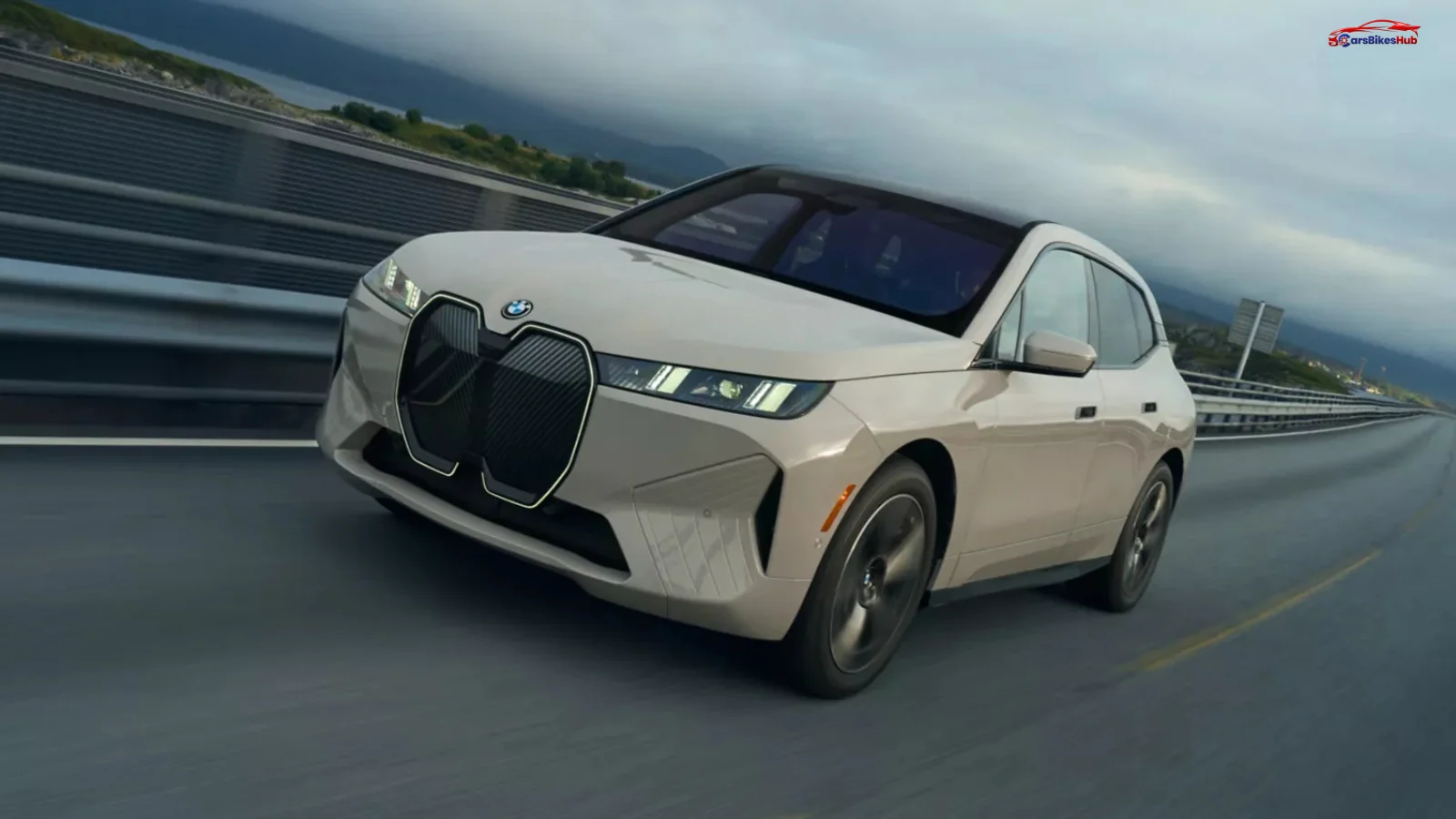 BMW iX electric SUV front profile showcasing futuristic design and illuminated kidney grille