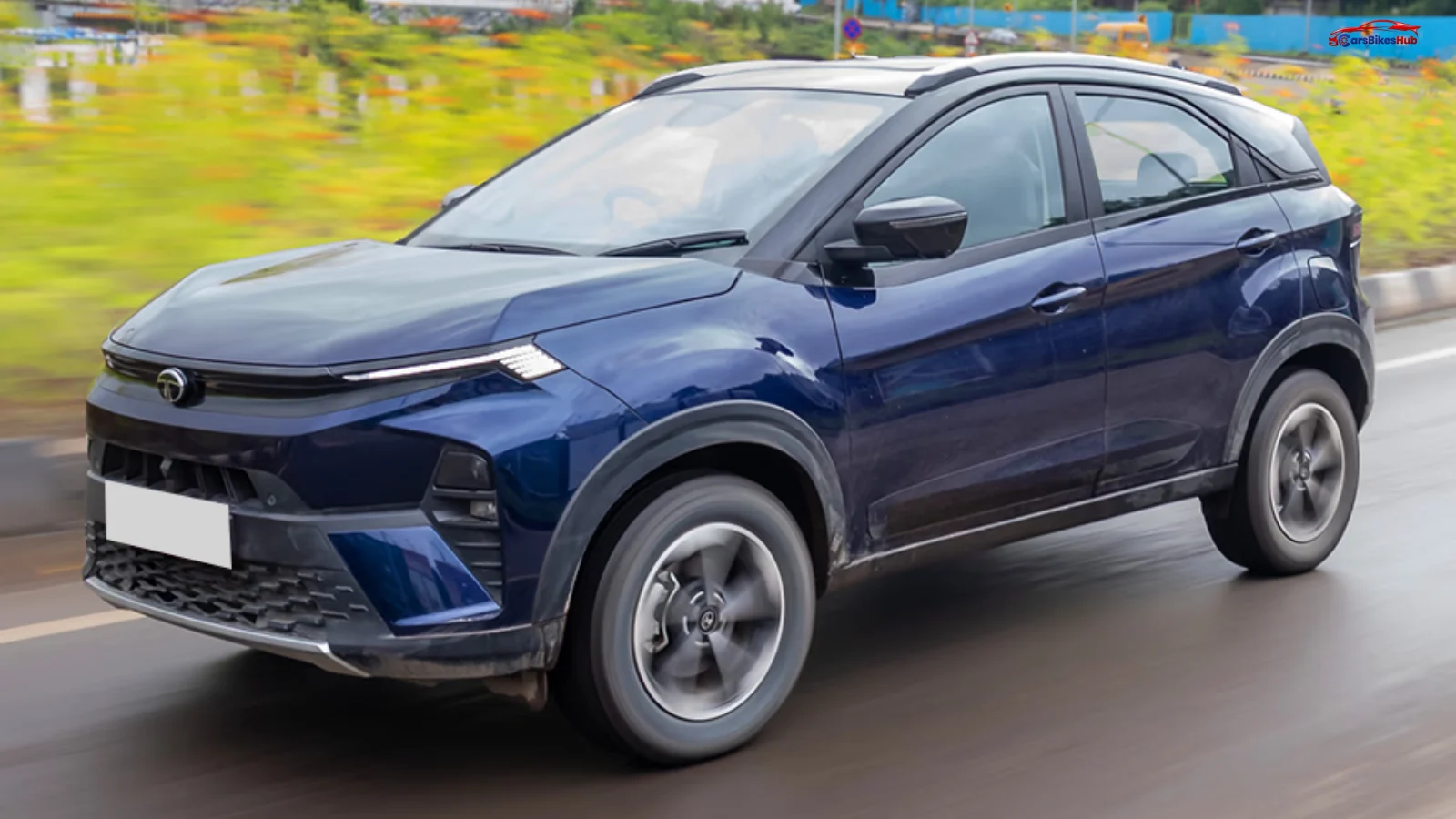 2025 Tata Nexon three-quarter front profile with LED DRLs and alloy wheels