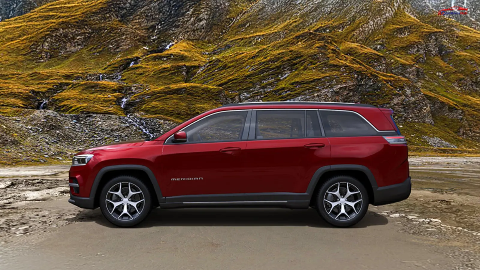 2025 Jeep Meridian side profile with alloy wheels and panoramic sunroof