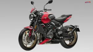 Triumph Trident 800 streetfighter motorcycle front three quarter view with aggressive design