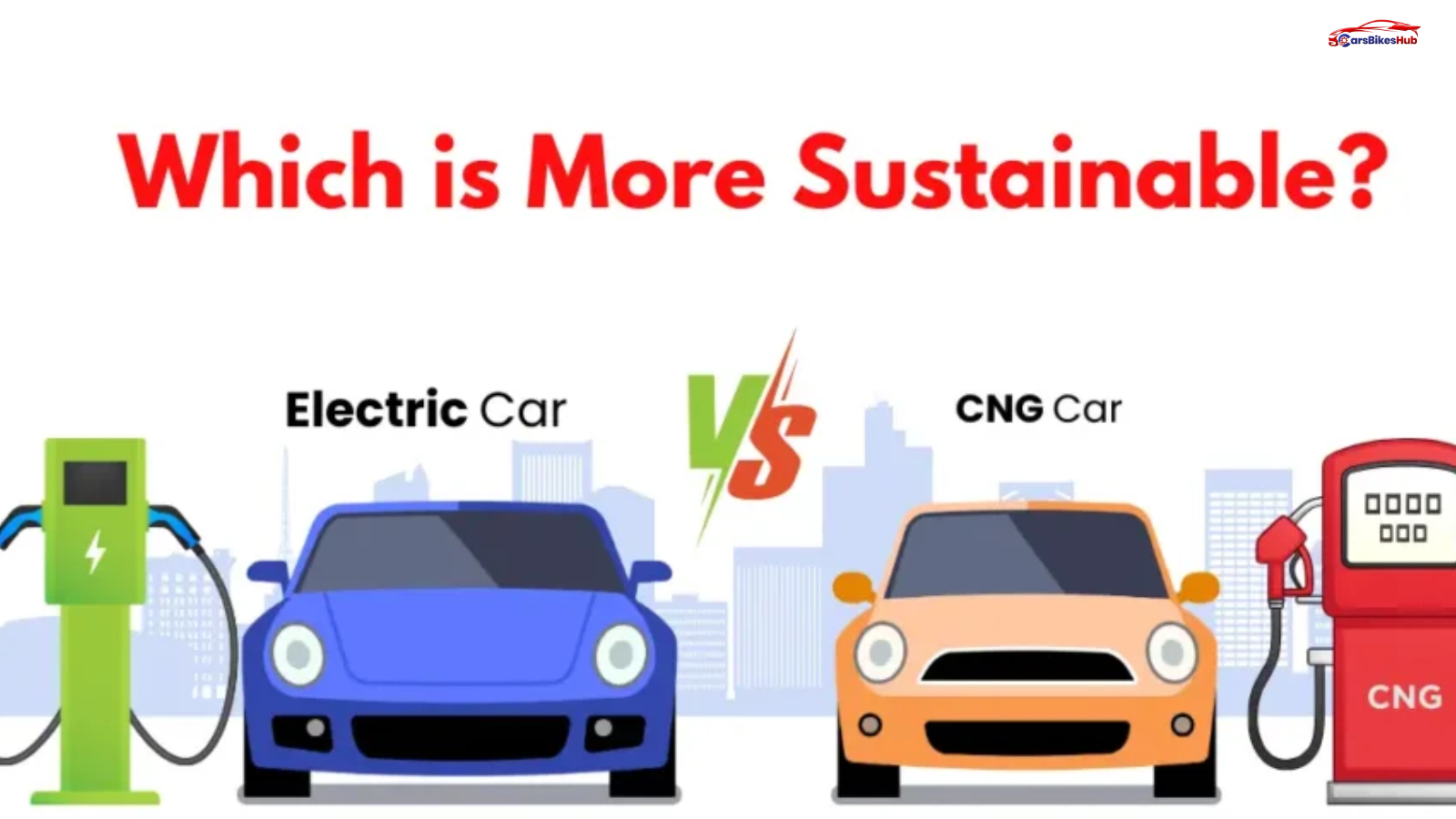 CNG or electric car in 2026 parked side by side with charging station and CNG fuel pump in the background representing fuel cost comparison in 2026