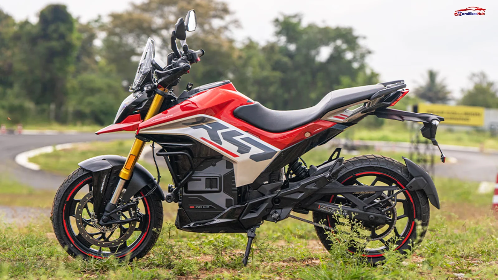 Ultraviolette X47 Crossover electric motorcycle showcased in a futuristic urban setting with aggressive adventure-inspired styling and LED headlamp design