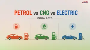 Minimal infographic comparing petrol vs CNG vs electric cars in India 2026 with simple car icons and fuel symbols on a clean white background.