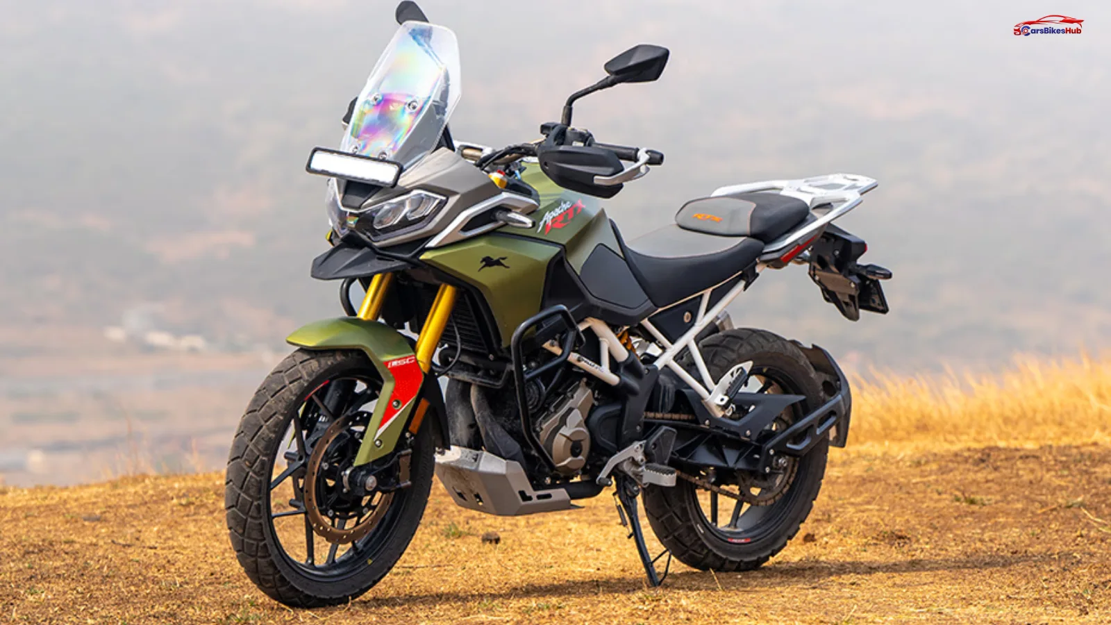 TVS Apache RTX 300 adventure motorcycle front side profile on highway road in India