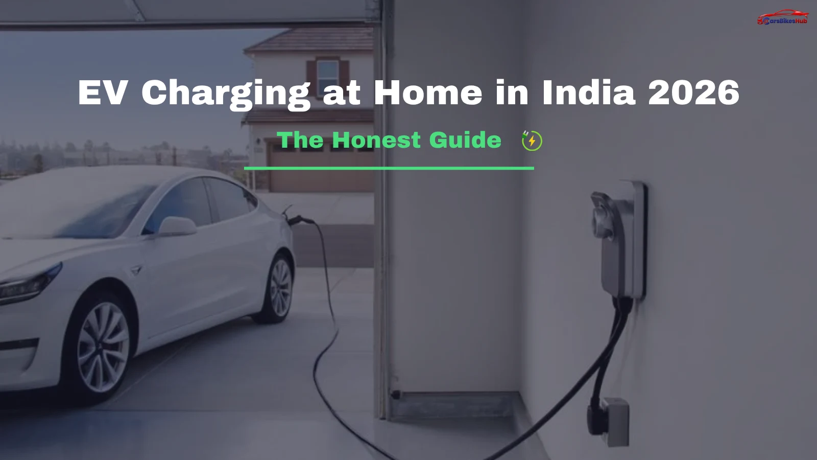 Electric car charging at home in India using a wall-mounted EV charger in a residential parking space, highlighting convenient overnight EV charging setup in 2026.