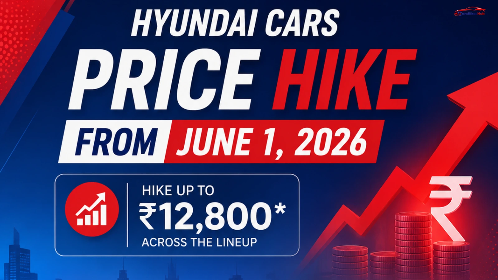 Graphic announcing Hyundai car price hike from June 1, 2026, featuring Hyundai models with red upward arrow and blue-red automotive theme.