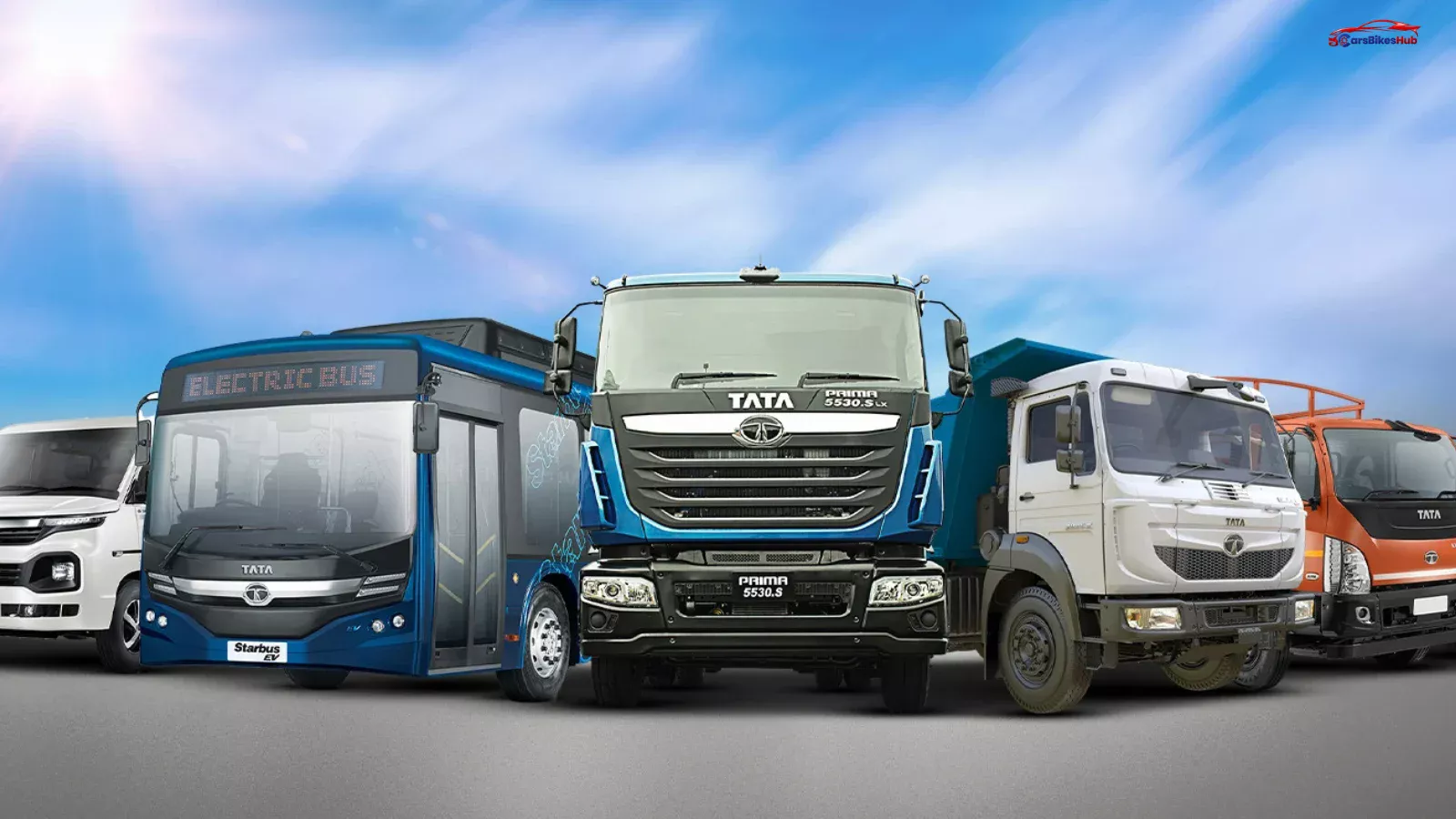 Tata Motors Tata Motors 3400 EV Orders vehicles including Ace EV, Ultra EV truck and Starbus EV parked in a fleet yard