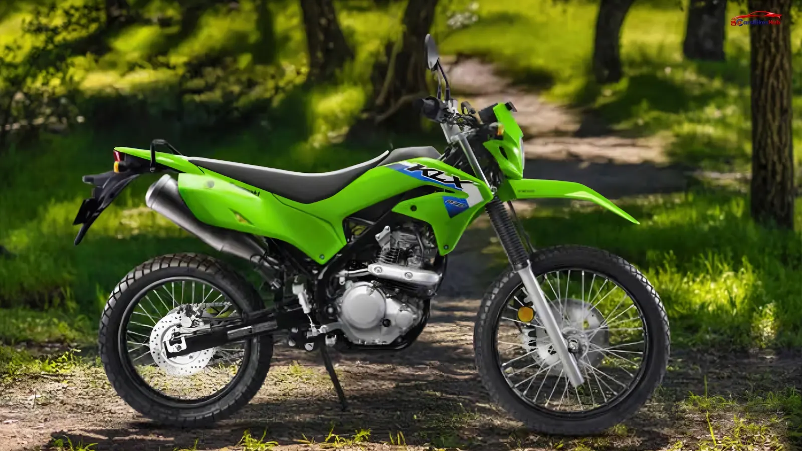 Kawasaki KLX230 S dual-sport motorcycle parked on a trail, highlighting its lower seat height and adventure-ready design.