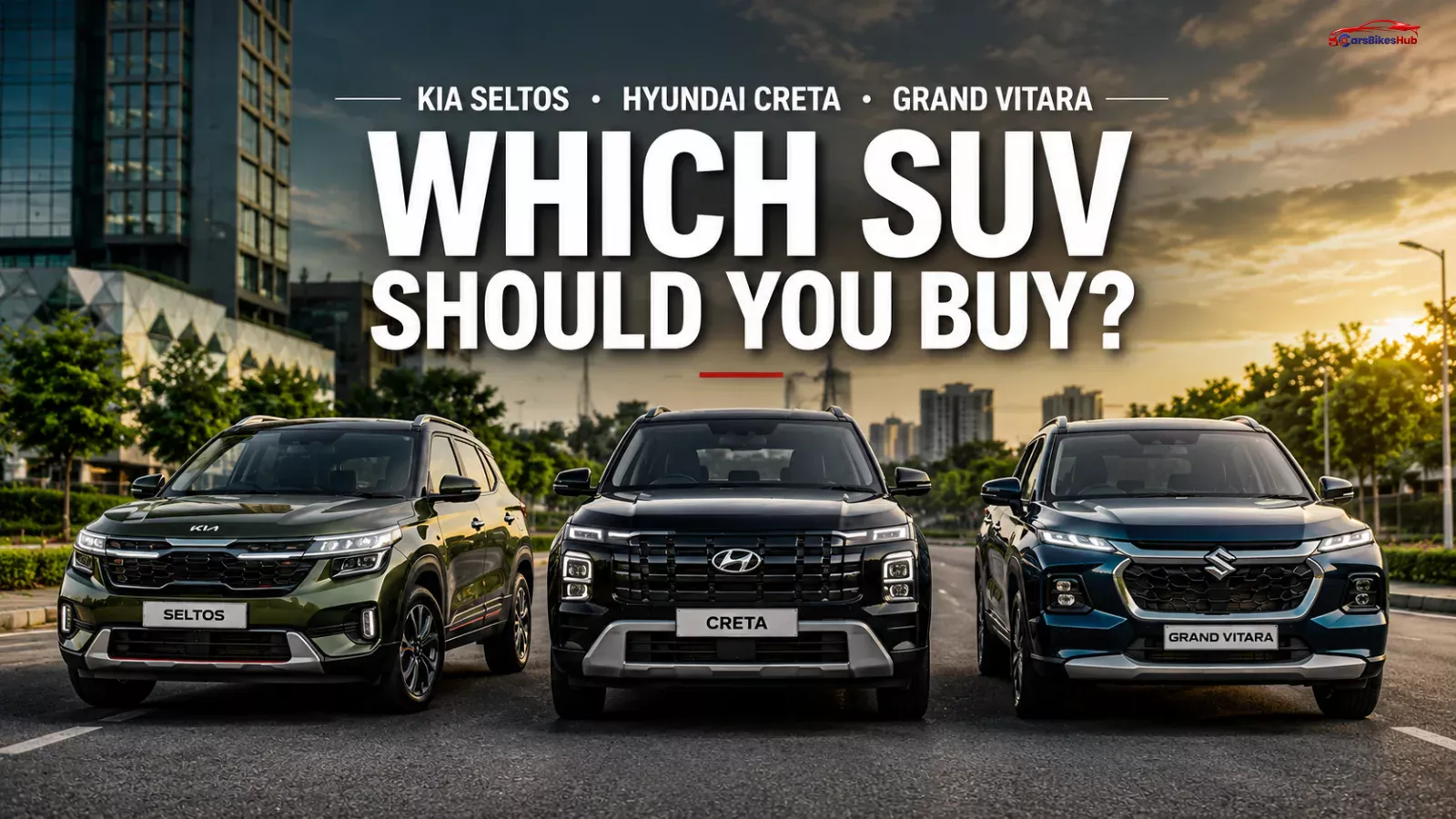 Kia Seltos vs Hyundai Creta vs Maruti Grand Vitara comparison featuring all three midsize SUVs parked side by side for a buyer-focused comparison.