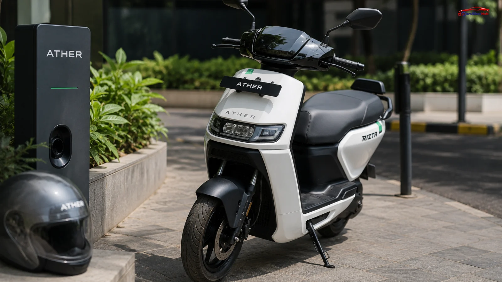 Ather's Battery Chemistry Changes illustrated with an Ather Rizta electric scooter parked beside an EV charging station in an urban setting.