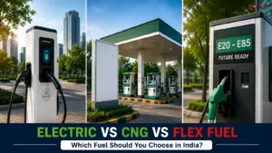Electric vs CNG vs Flex Fuel comparison showing EV charging, CNG station and Flex Fuel pump for Indian car buyers