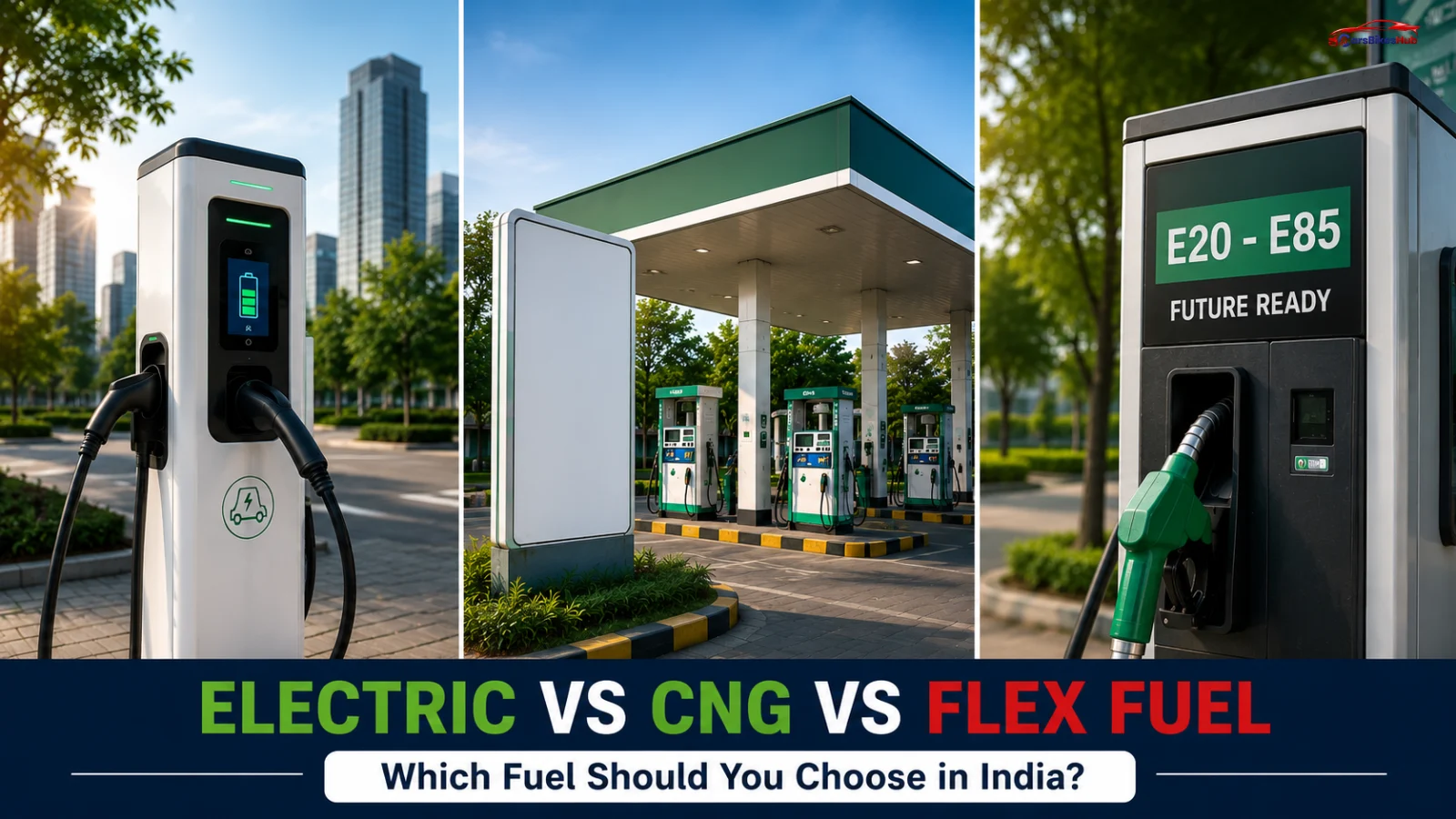 Electric vs CNG vs Flex Fuel comparison showing EV charging, CNG station and Flex Fuel pump for Indian car buyers
