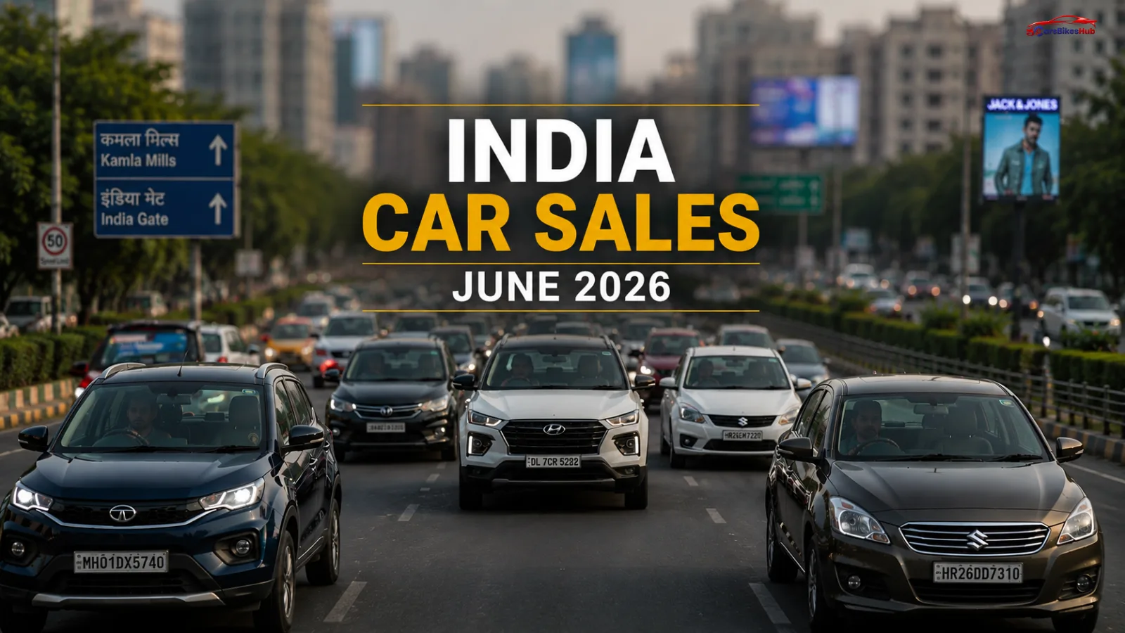 India Car Sales June 2026 featuring traffic on an Indian city road representing passenger vehicle sales and top car brands.