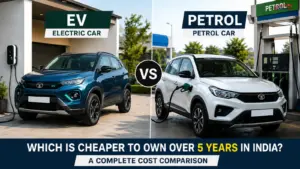 EV vs Petrol Car comparison with an electric car charging at home and a petrol car at a fuel station in India.