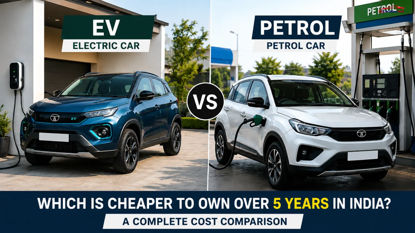 EV vs Petrol Car comparison with an electric car charging at home and a petrol car at a fuel station in India.