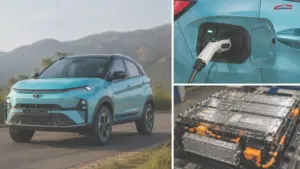 Tata Nexon EV Battery Replacement Cost illustrated with the Nexon.ev, charging port and high-voltage battery pack.