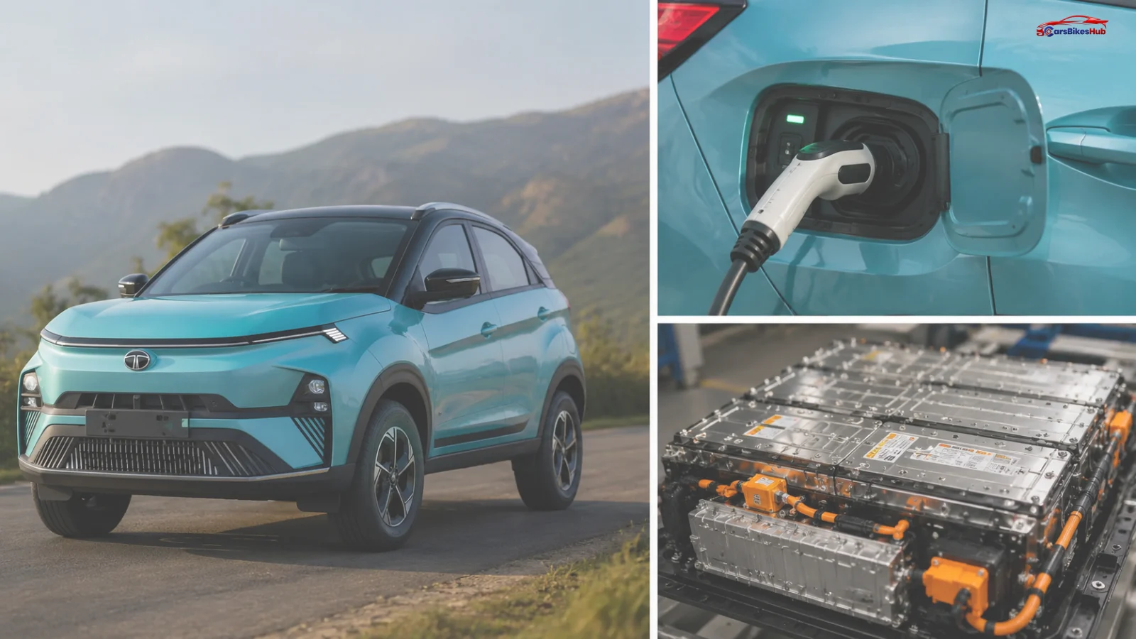 Tata Nexon EV Battery Replacement Cost illustrated with the Nexon.ev, charging port and high-voltage battery pack.
