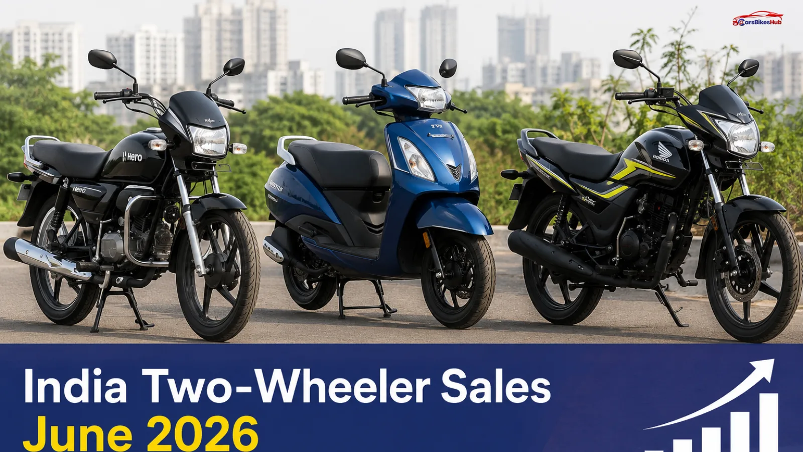 Two-Wheeler Sales June 2026 showing representative motorcycles and scooters from Hero, TVS and Honda.