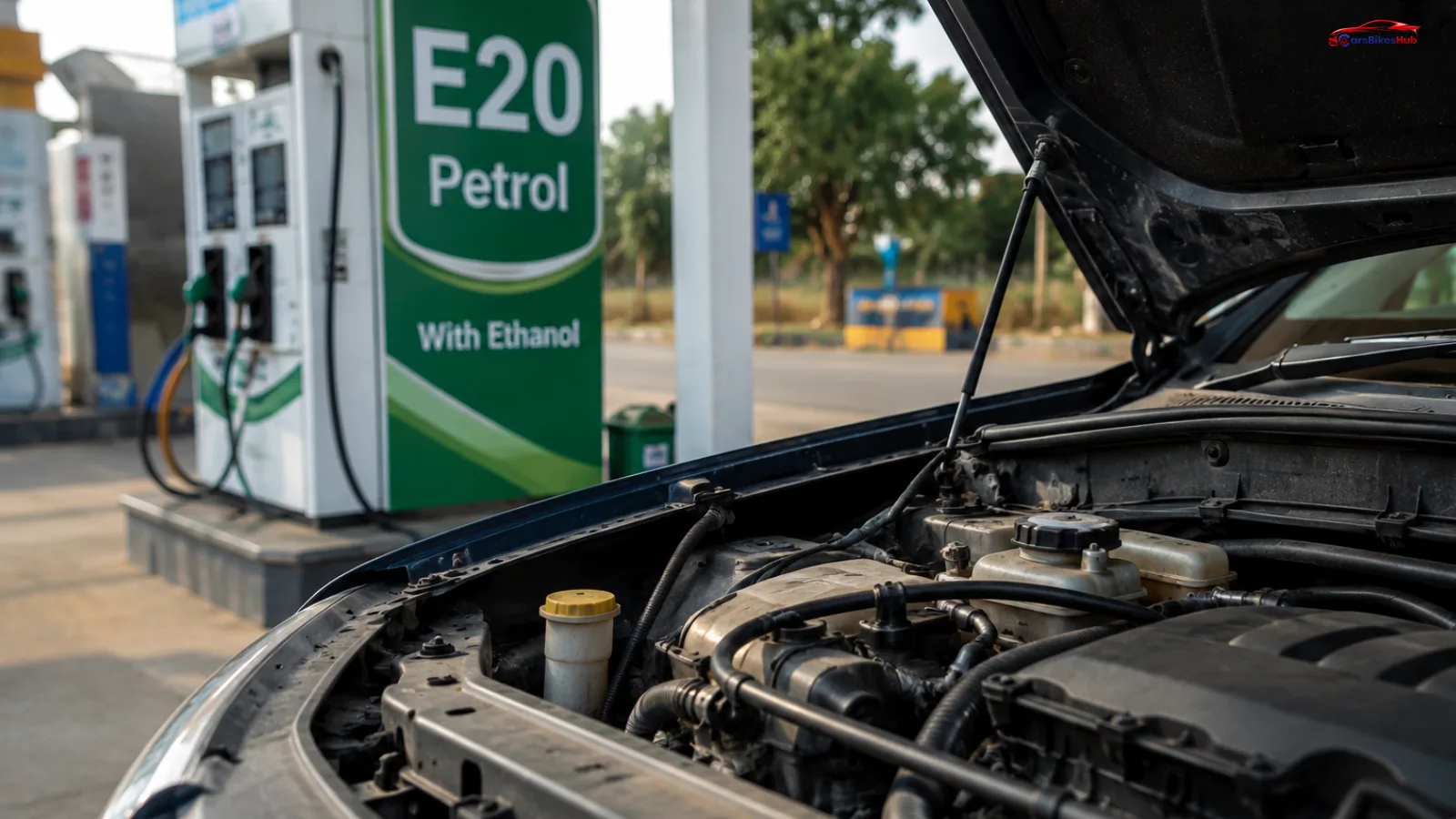 Does Flex Fuel Reduce Engine Life? Open car engine beside an E20 petrol pump showing flex-fuel compatibility in India