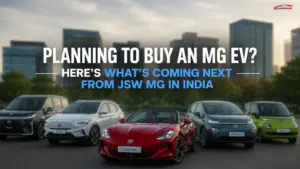 JSW MG EV lineup featuring the MG Windsor EV, ZS EV, Cyberster, M9 and Comet EV alongside upcoming electric vehicles in India