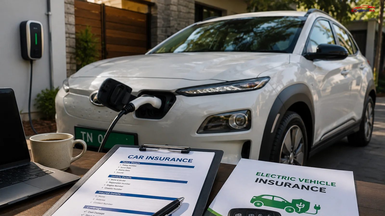 EV insurance in India with an electric SUV, charging station, insurance documents, and financial protection concept