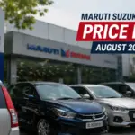 Maruti Suzuki dealership with Price Hike August 2026 overlay highlighting the upcoming price revision across the company's car lineup