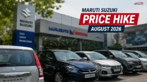 Maruti Suzuki dealership with Price Hike August 2026 overlay highlighting the upcoming price revision across the company's car lineup