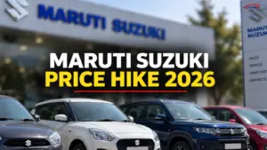 Maruti Suzuki price hike 2026 at a dealership with cars displayed outside