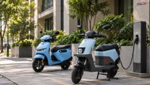 Smaller EV brands in India with two electric scooters parked at an urban charging station
