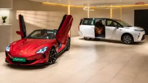 MG Cyberster and M9 BaaS displayed in a luxury showroom