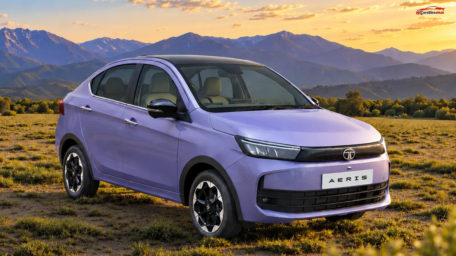 Tata Aeris sedan in lavender finish with mountains in the background