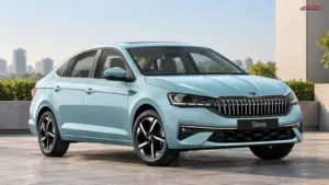2026 Skoda Slavia facelift in light blue