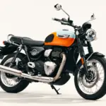 Triumph Bonneville T40 350cc retro motorcycle in orange and blue