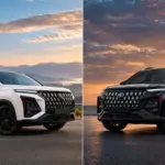 MG Hector Blackstorm and Snowstorm special editions shown side by side, highlighting their black and white exterior designs.