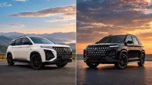MG Hector Blackstorm and Snowstorm special editions shown side by side, highlighting their black and white exterior designs.