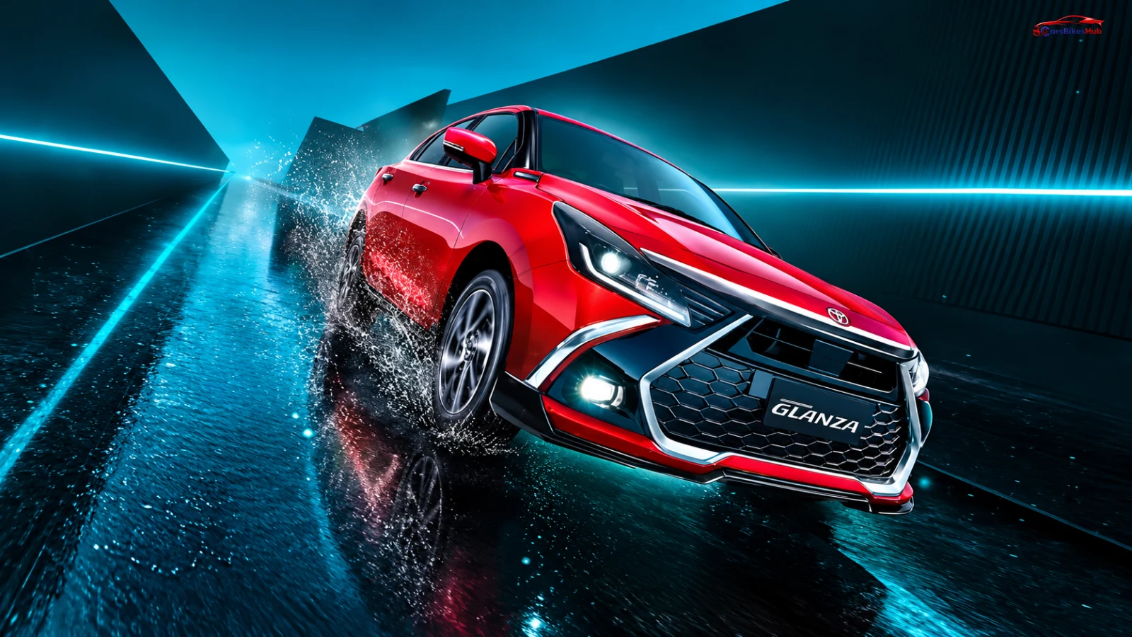 Red 2026 Toyota Glanza facelift showcasing its updated front grille and bumper in a futuristic setting.