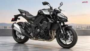 2027 Kawasaki Z1100 in black, showcasing its aggressive naked-bike styling, LED headlight and twin front disc brakes.
