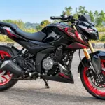 Bajaj Pulsar N250 SS in black with red graphics and red alloy wheels, featuring gold-finished USD front forks.