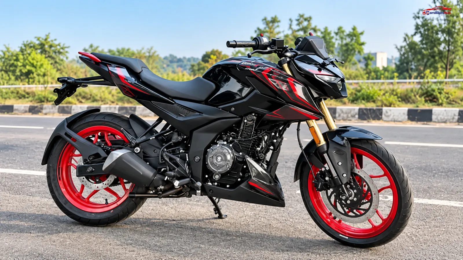 Bajaj Pulsar N250 SS in black with red graphics and red alloy wheels, featuring gold-finished USD front forks.