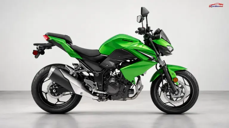 Kawasaki Z300 in green with black alloy wheels, angular bodywork and an exposed parallel-twin engine.