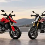 Ducati Hypermotard V2 and V2 SP motorcycles showcased side by side, highlighting their red and white styling and gold front forks.