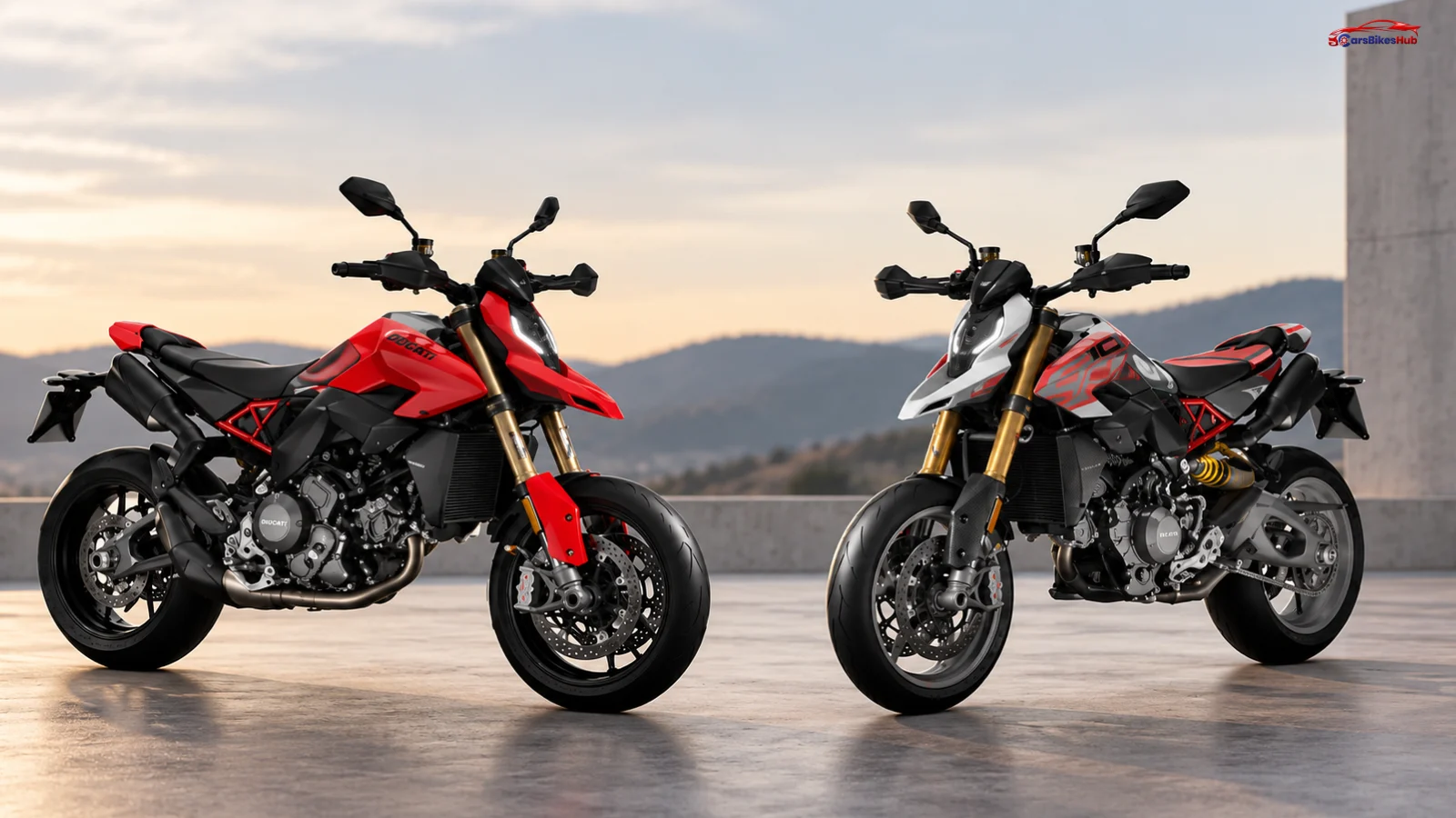 Ducati Hypermotard V2 and V2 SP motorcycles showcased side by side, highlighting their red and white styling and gold front forks.