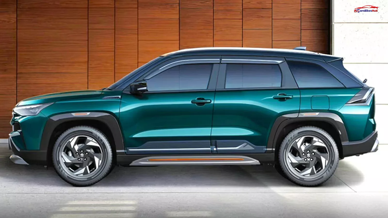 Maruti Suzuki Victoris Aurum Edition SUV in teal green with copper-coloured accents and alloy wheels.