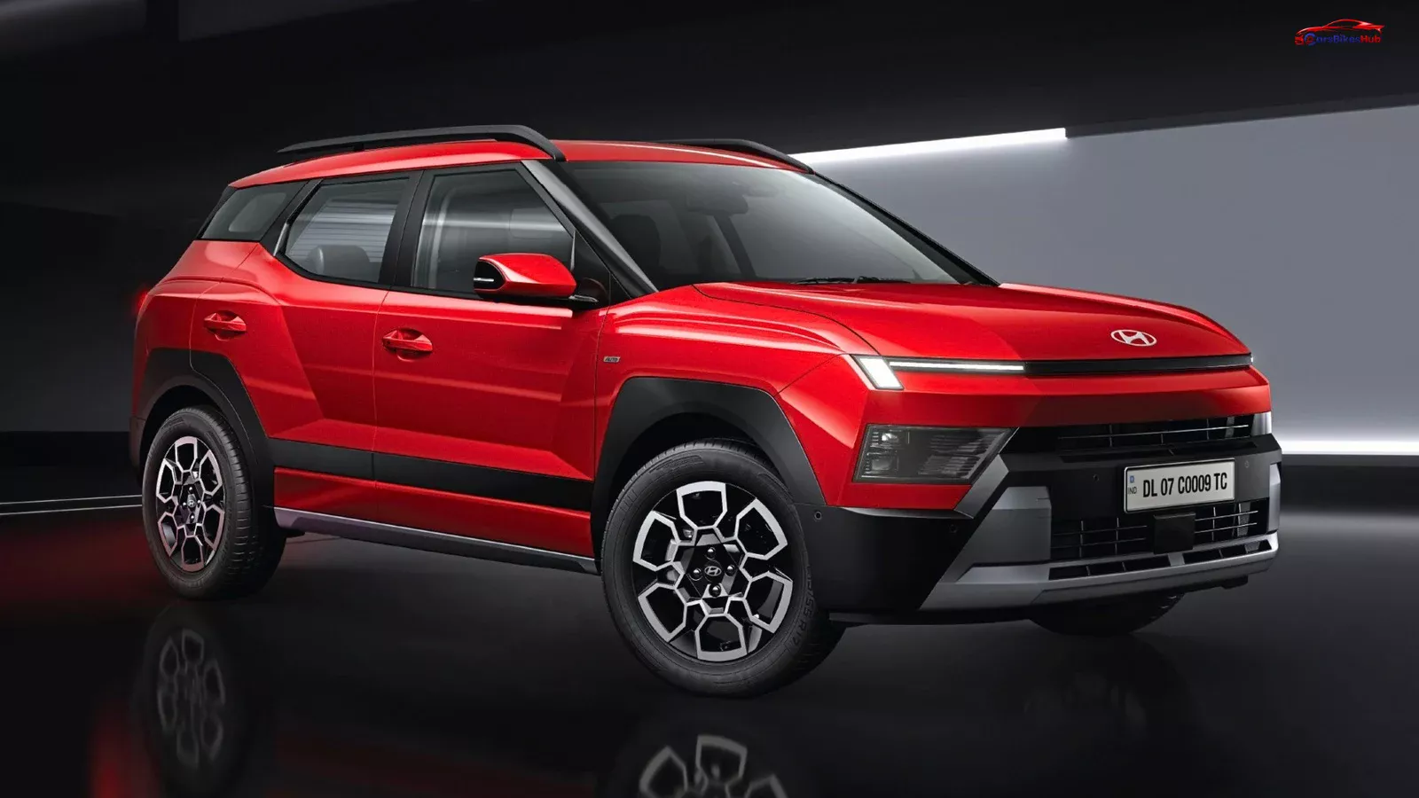 Hyundai Bayon SUV in red showcasing its exterior design and alloy wheels